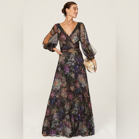$895 Marchesa Notte Metallic Floral Pleated Gown maxi black RTR Flowy blue red - Picture 1 of 8